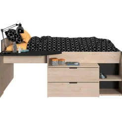 Kajuitbed Milky met bureau en lades - zwart/eik