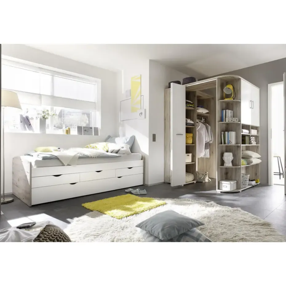 Kajuitbed Nasri 90x200 met bedlade - zandeik/wit