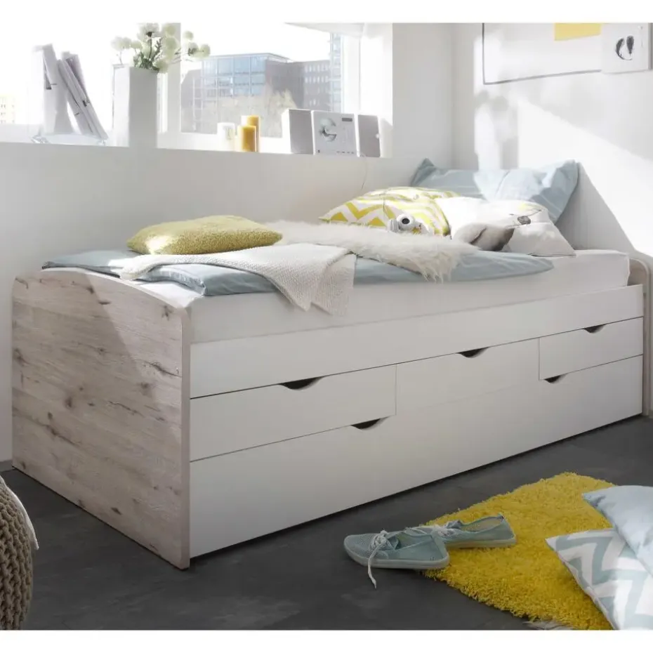 Kajuitbed Nasri 90x200 met bedlade - zandeik/wit