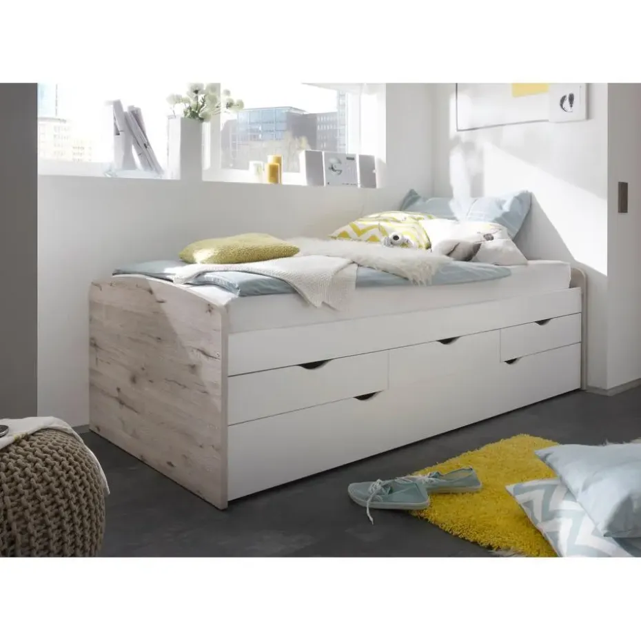 Kajuitbed Nasri 90x200 met bedlade - zandeik/wit