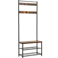 Kapstok met 9 Haken en Schoenenrek - 70x32x175cm - Zwart en Vintage bruin