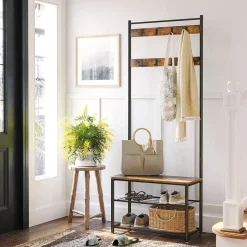 Kapstok met 9 Haken en Schoenenrek - 70x32x175cm - Zwart en Vintage bruin