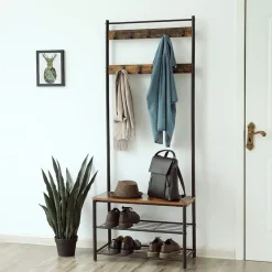 Kapstok met 9 Haken en Schoenenrek - 70x32x175cm - Zwart en Vintage bruin