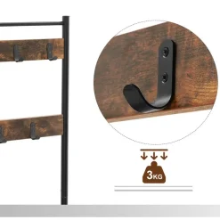 Kapstok met 9 Haken en Schoenenrek - 70x32x175cm - Zwart en Vintage bruin