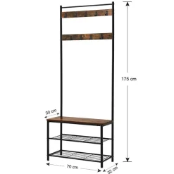 Kapstok met 9 Haken en Schoenenrek - 70x32x175cm - Zwart en Vintage bruin