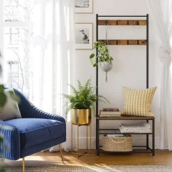 Kapstok met 9 Haken en Schoenenrek - 70x32x175cm - Zwart en Vintage bruin