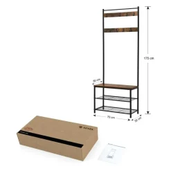 Kapstok met 9 Haken en Schoenenrek - 70x32x175cm - Zwart en Vintage bruin