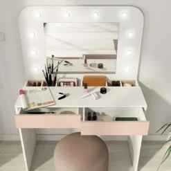 Kaptafel Holly met spiegel en verlichting 2 lades spaanplaat - wit/roze