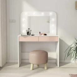 Kaptafel Holly met spiegel en verlichting 2 lades spaanplaat - wit/roze