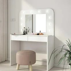 Kaptafel Holly met spiegel en verlichting 2 lades spaanplaat - wit