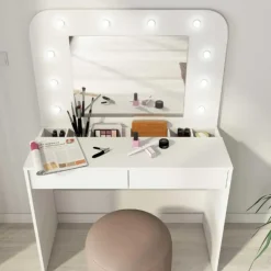 Kaptafel Holly met spiegel en verlichting 2 lades spaanplaat - wit