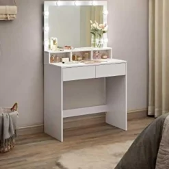 Kaptafel met 9 LED lampen, spiegel, 2 laden, 3 open vakken