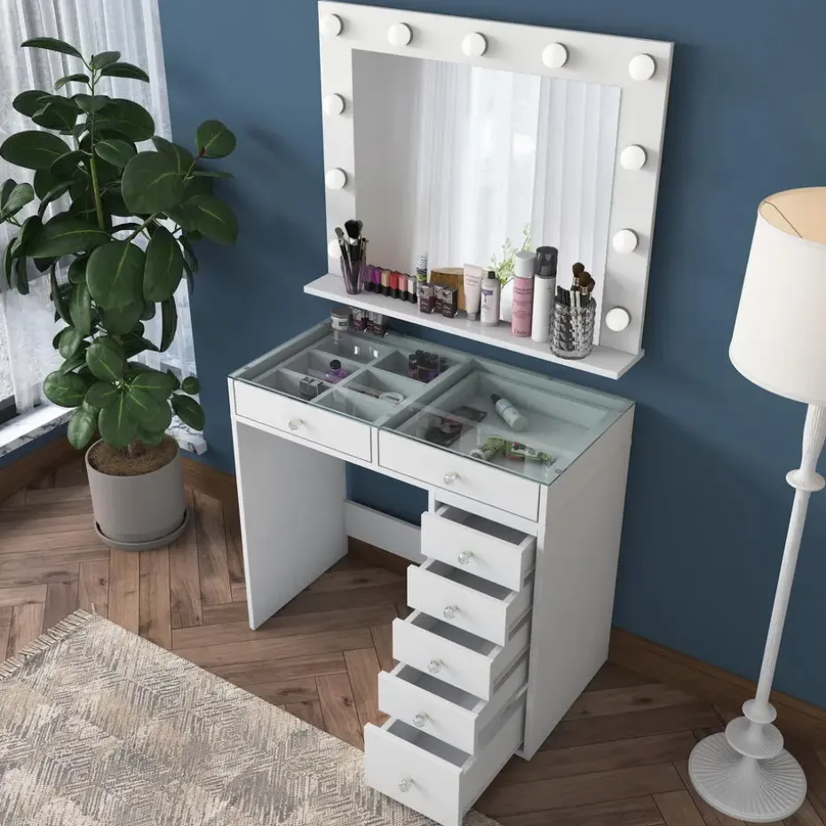 Kaptafel Wit/Glas - Incl. Spiegel - 90x44,5x79,8 - Beyas