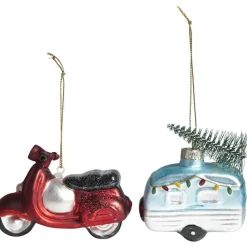 Kerst ornament Scooter en Caravan - glas - set