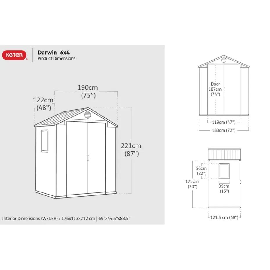 Keter Darwin 64 Tuinhuis - dubbele deuren + ramen - 190x122x221 cm - Grijs