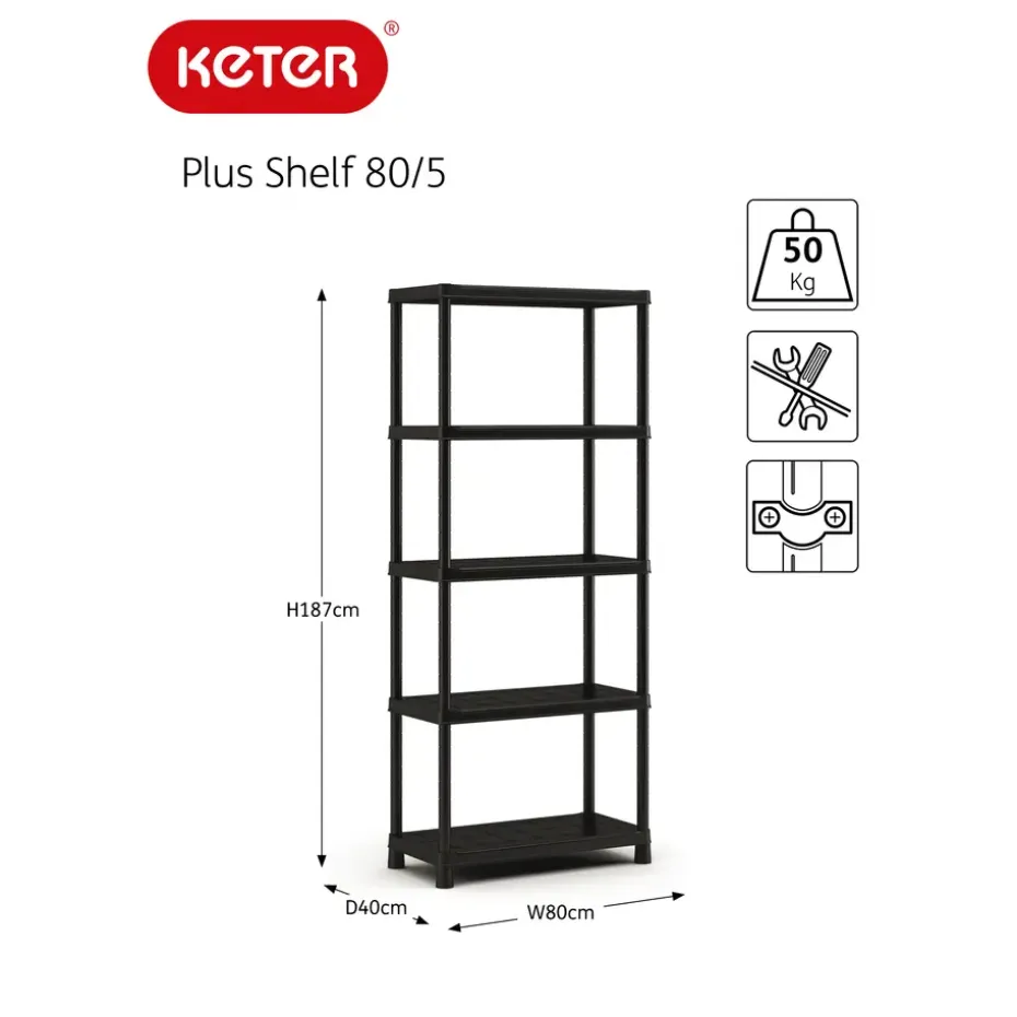 Keter Plus Stellingrek 80/5 - 5 Planken - 80x40x187 cm - zwart