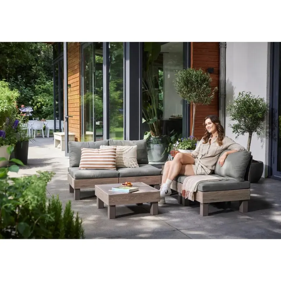 Keter Signature Elements Loungeset 4 personen - met groene kussens - Cappuccino