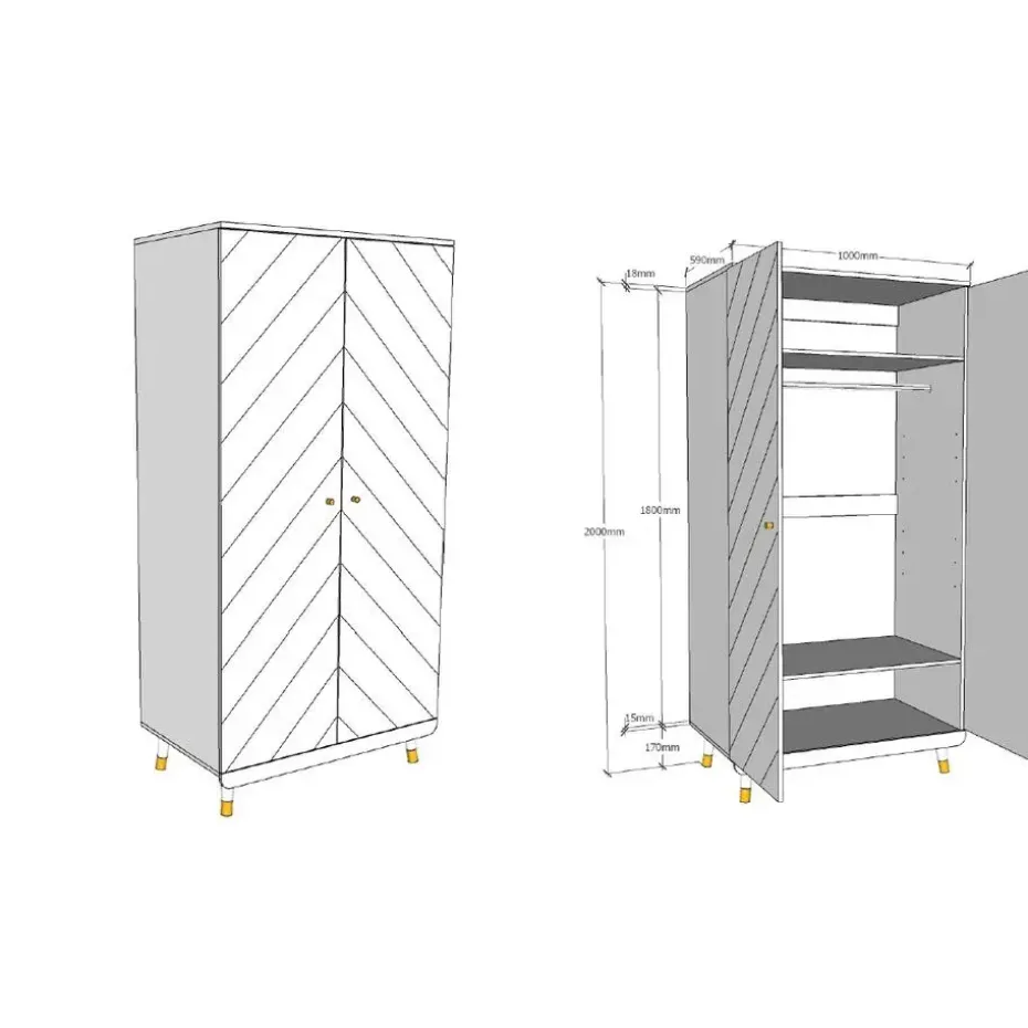 Kledingkast Billy 2 deuren MDF - wit/goud