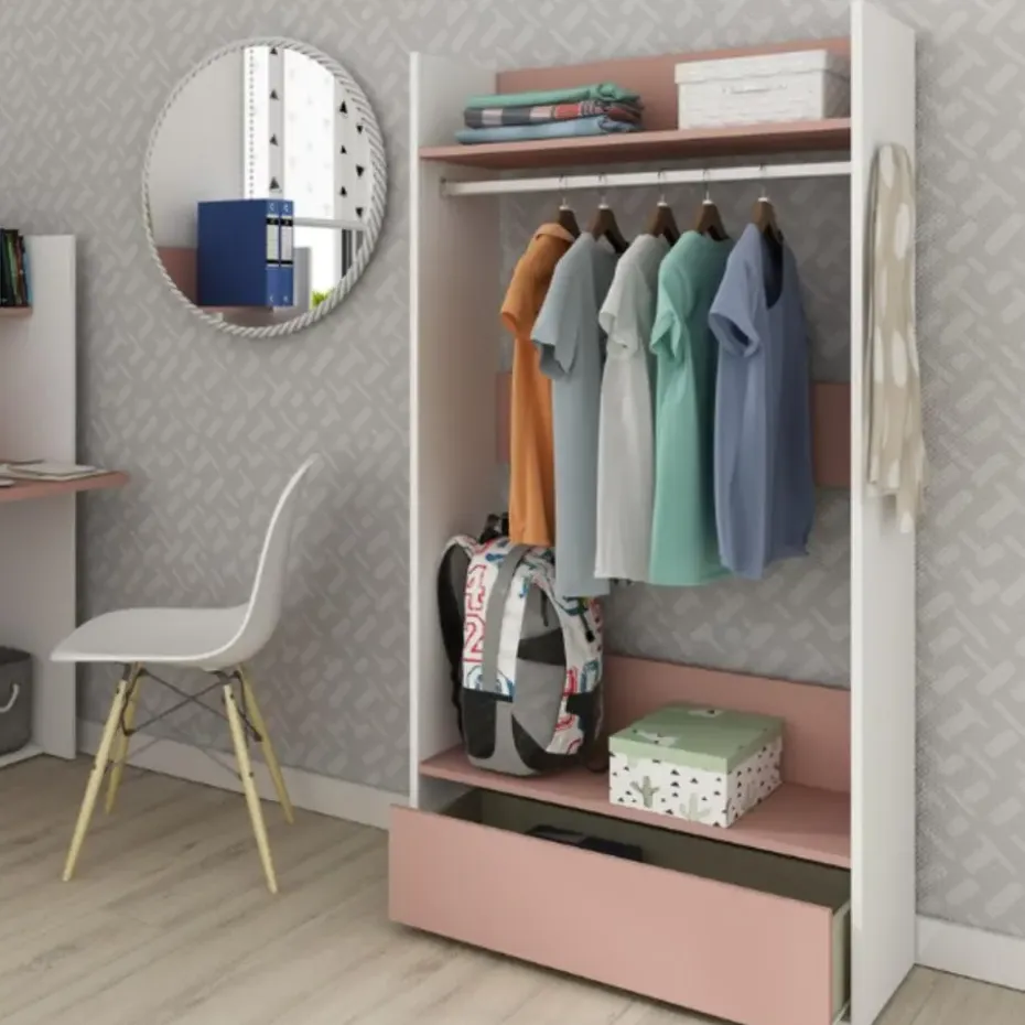 Kledingkast Bo0 met lade, hoedenplank en kledingroede - wit/ oudroze