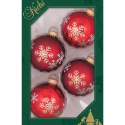 Krebs Kerstballen - 4 stuks - rood met sneeuwvlok - glas - 7 cm