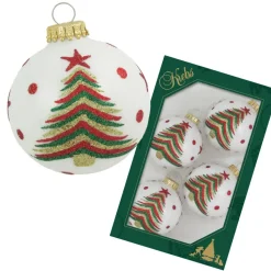 Krebs kerstballen - 4x stuks - wit met kerstboom - glas - 7 cm