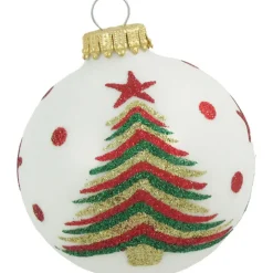 Krebs kerstballen - 4x stuks - wit met kerstboom - glas - 7 cm