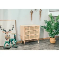 Ladekast met 3 laden van hout en natuurlijk rotan