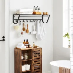 Lange Wandkapstok - 90 cm Lang, 8 Haken, Hoedenplank, Zwart