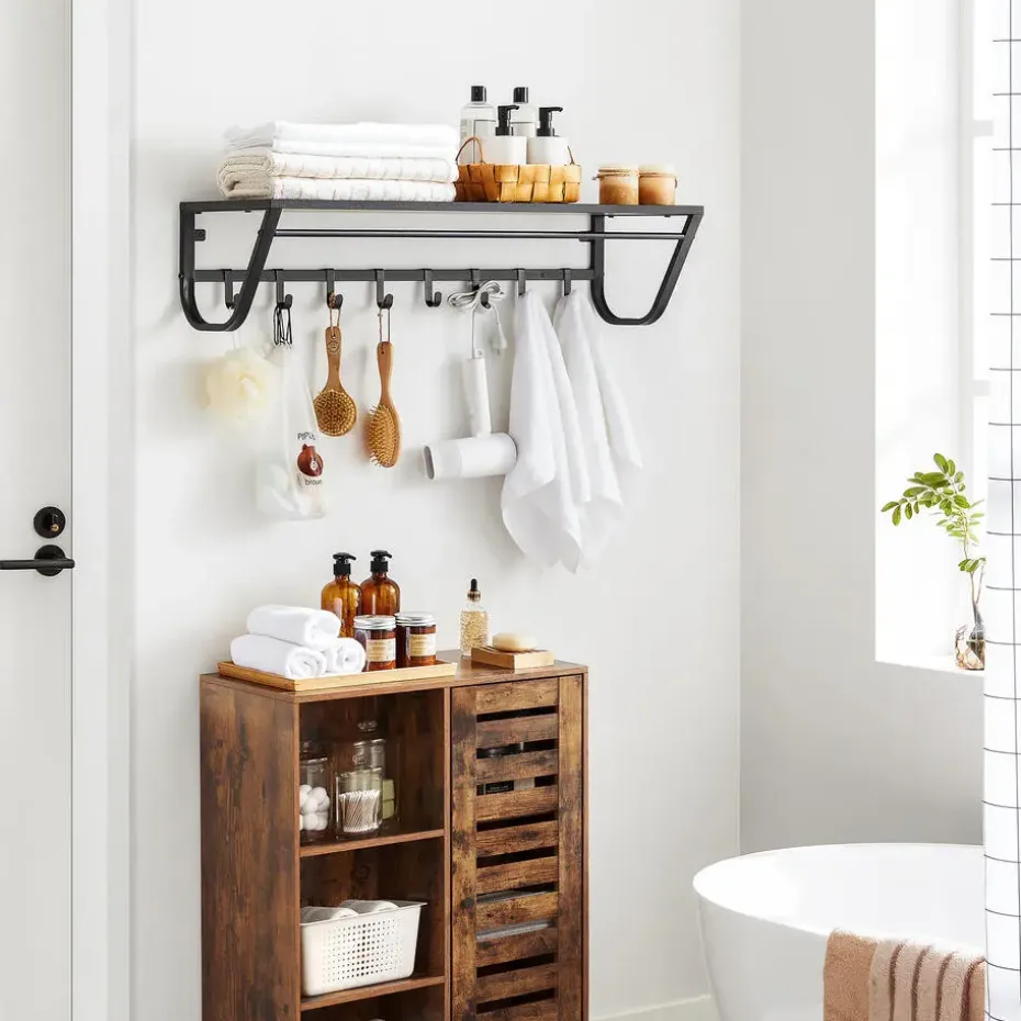 Lange Wandkapstok - 90 cm Lang, 8 Haken, Hoedenplank, Zwart