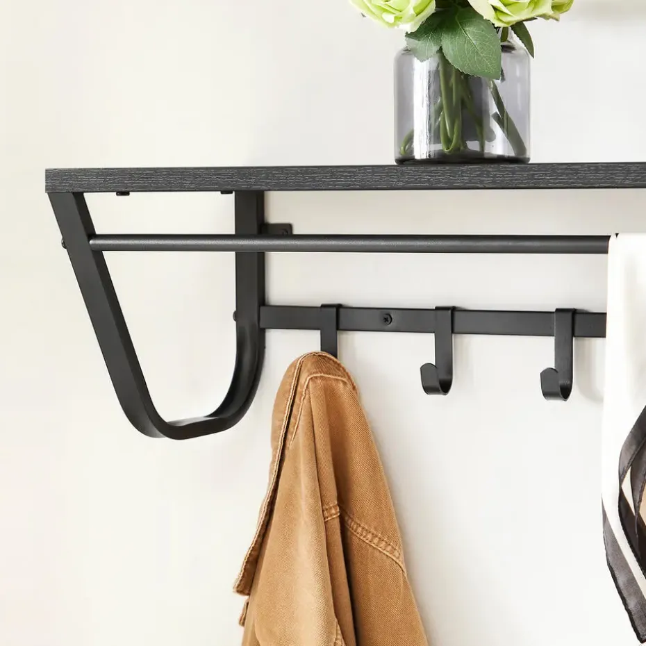 Lange Wandkapstok - 90 cm Lang, 8 Haken, Hoedenplank, Zwart