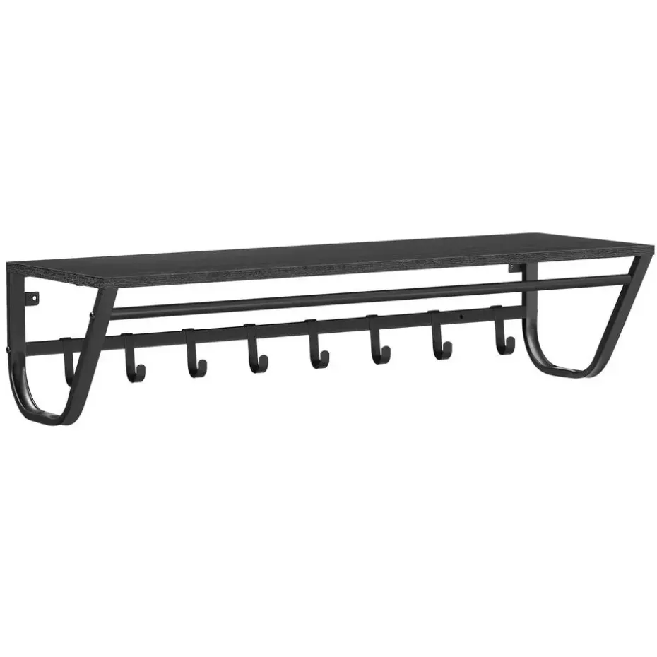 Lange Wandkapstok - 90 cm Lang, 8 Haken, Hoedenplank, Zwart