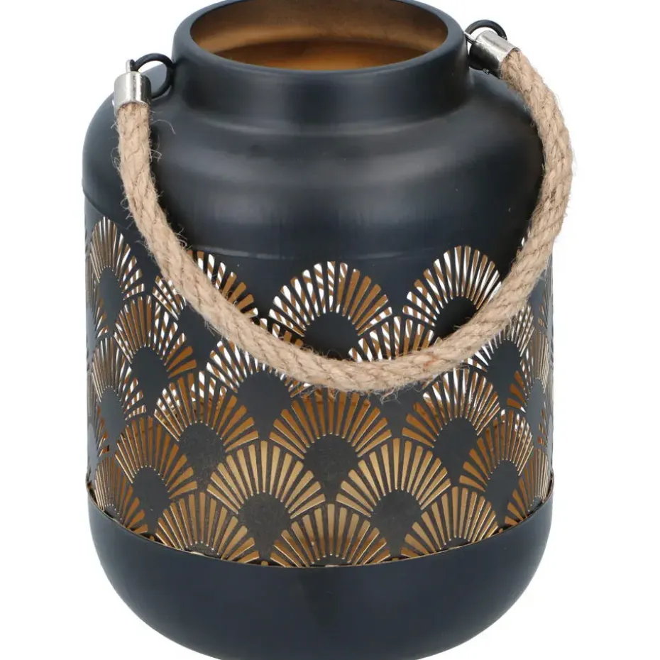 Lantaarn - waaier print - zwart - metaal - windlicht - 17 cm