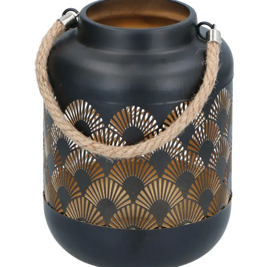 Lantaarn - waaier print - zwart - metaal - windlicht - 17 cm