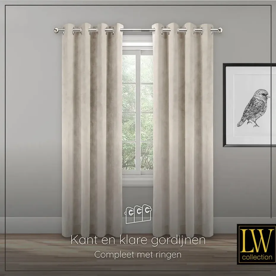 LW Collection Gordijnen Beige 270x290cm Velvet Kant en klaar 1 stuk