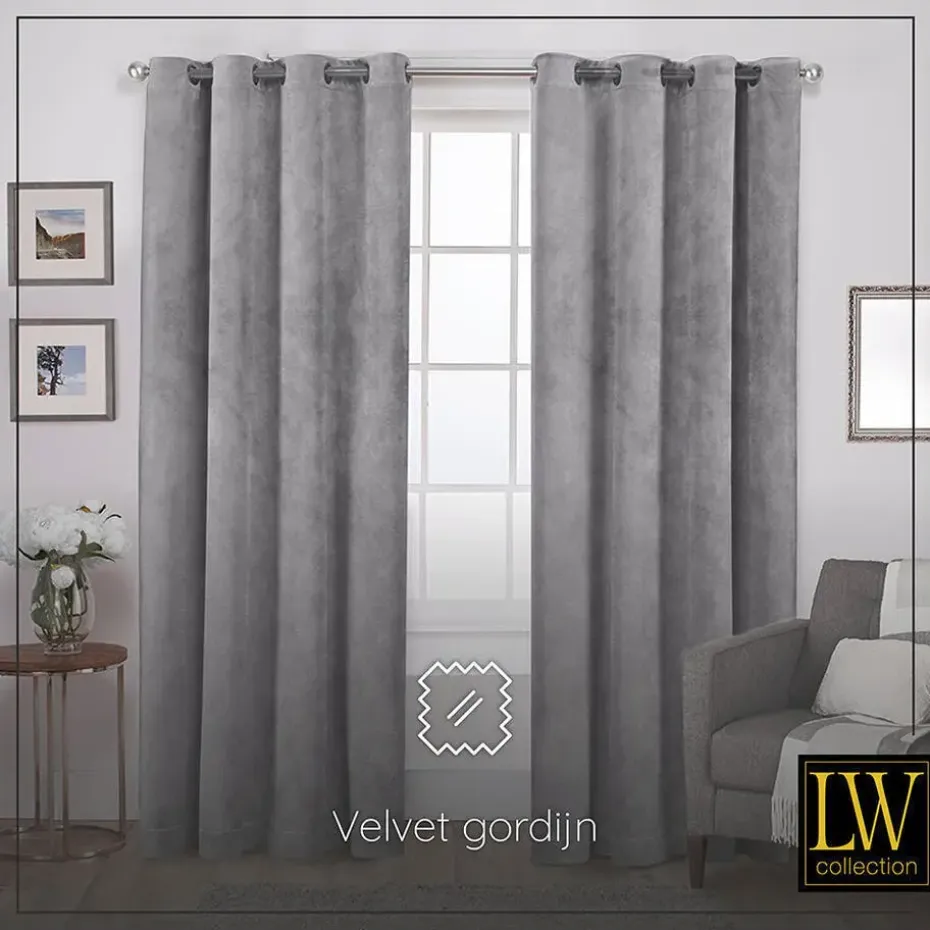 LW Collection Gordijnen Grijs 270x290cm Velvet Kant en klaar 1 stuk
