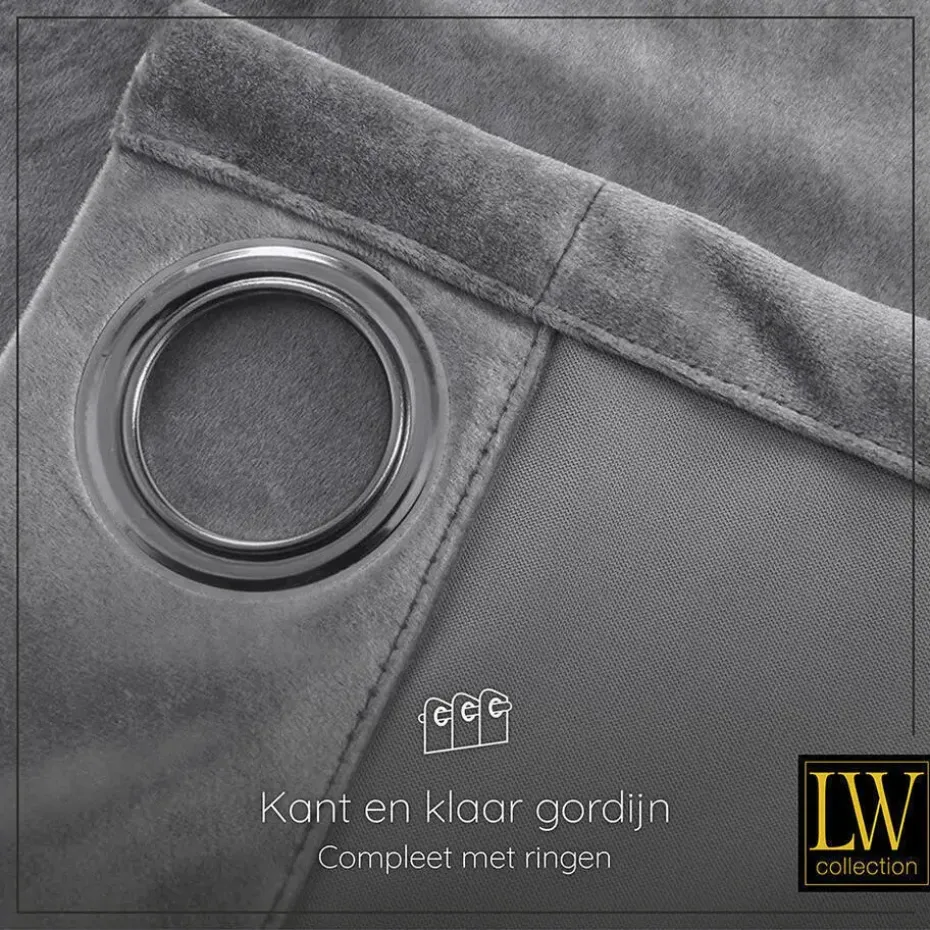 LW Collection Gordijnen Grijs 270x290cm Velvet Kant en klaar 1 stuk