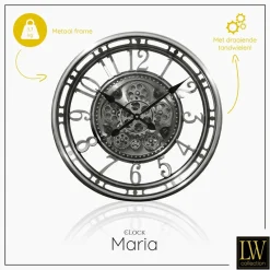 LW Collection Wandklok radar Maria zilver 54cm bewegende tandwielen