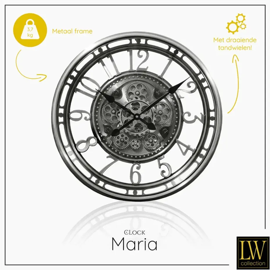 LW Collection Wandklok radar Maria zilver 54cm bewegende tandwielen