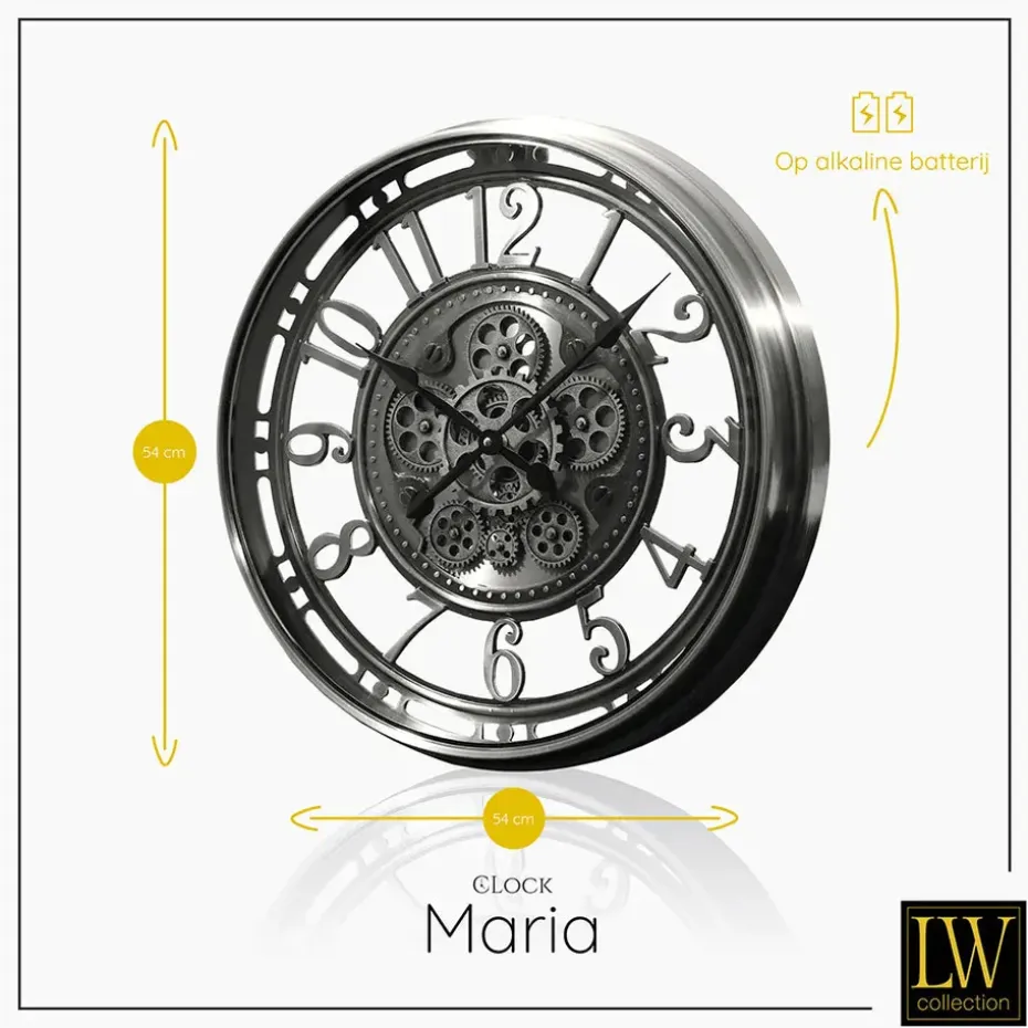 LW Collection Wandklok radar Maria zilver 54cm bewegende tandwielen