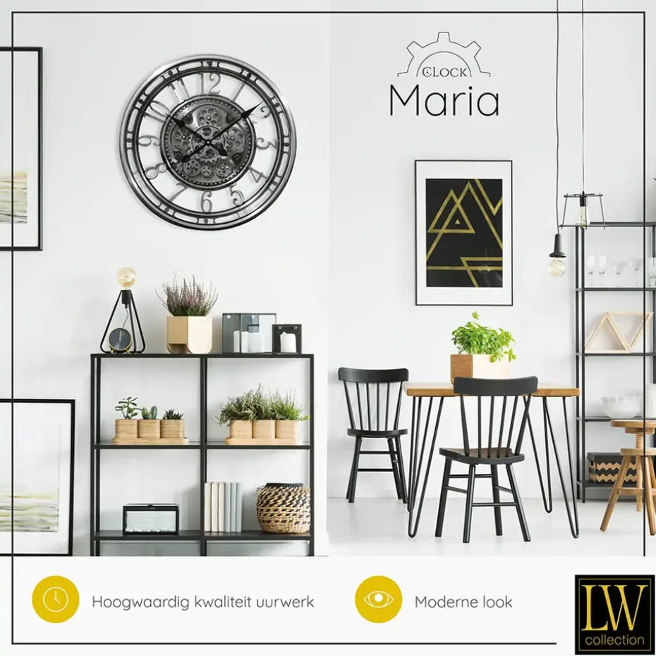 LW Collection Wandklok radar Maria zilver 54cm bewegende tandwielen