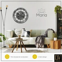 LW Collection Wandklok radar Maria zilver 54cm bewegende tandwielen