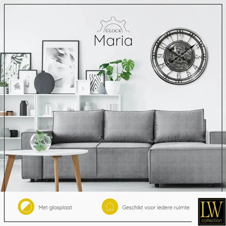 LW Collection Wandklok radar Maria zilver 54cm bewegende tandwielen