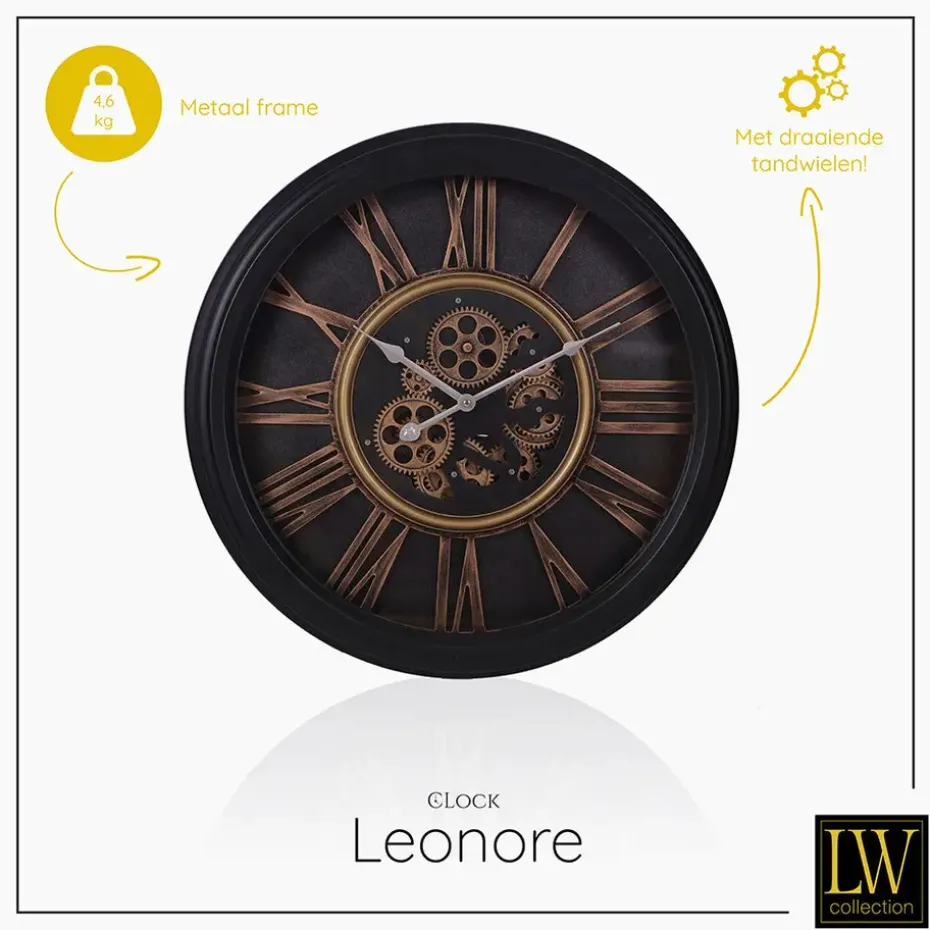 LW Collection Wandklok radar Leonore Zwart 52cm bewegende tandwielen