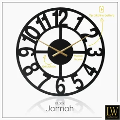 LW Collection Wandklok XL Jannah zwart met gouden wijzers 80cm