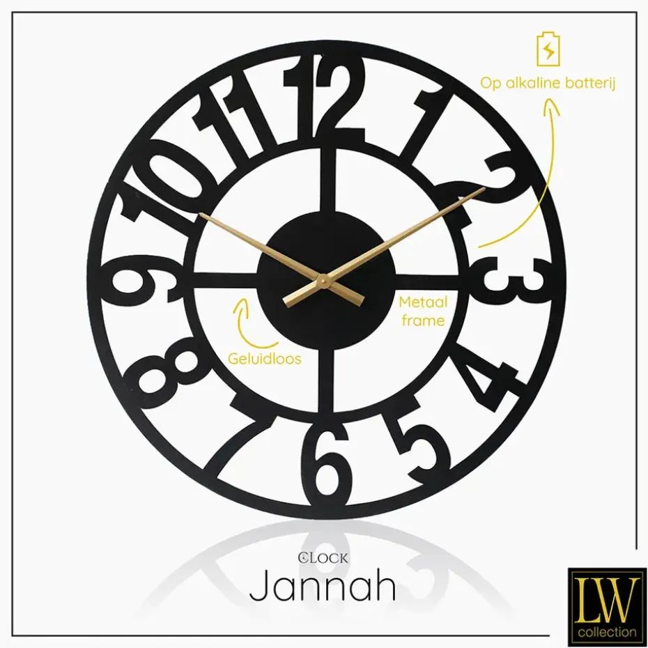 LW Collection Wandklok XL Jannah zwart met gouden wijzers 80cm