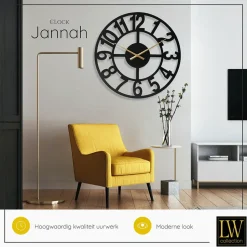LW Collection Wandklok XL Jannah zwart met gouden wijzers 80cm