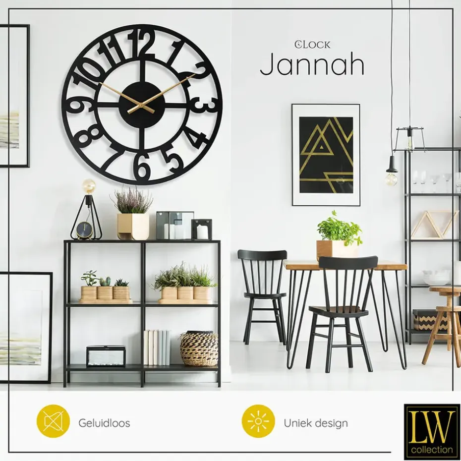 LW Collection Wandklok XL Jannah zwart met gouden wijzers 80cm