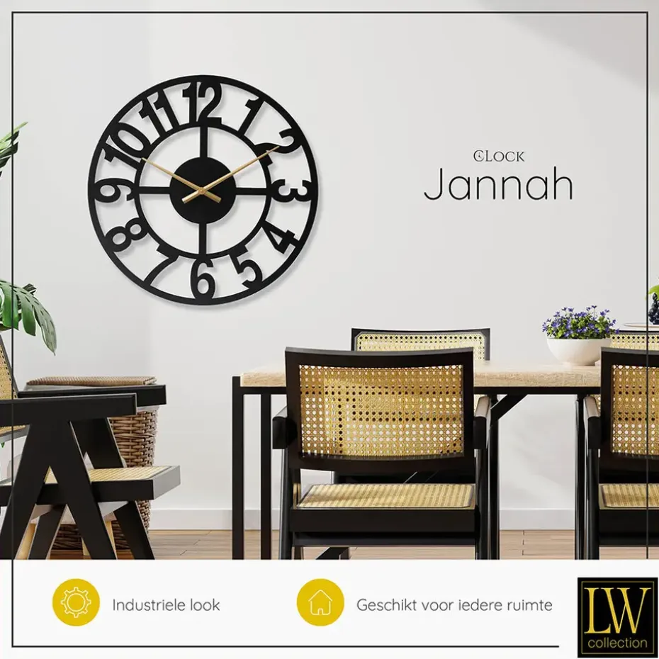 LW Collection Wandklok XL Jannah zwart met gouden wijzers 80cm
