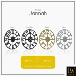 LW Collection Wandklok XL Jannah zwart met gouden wijzers 80cm