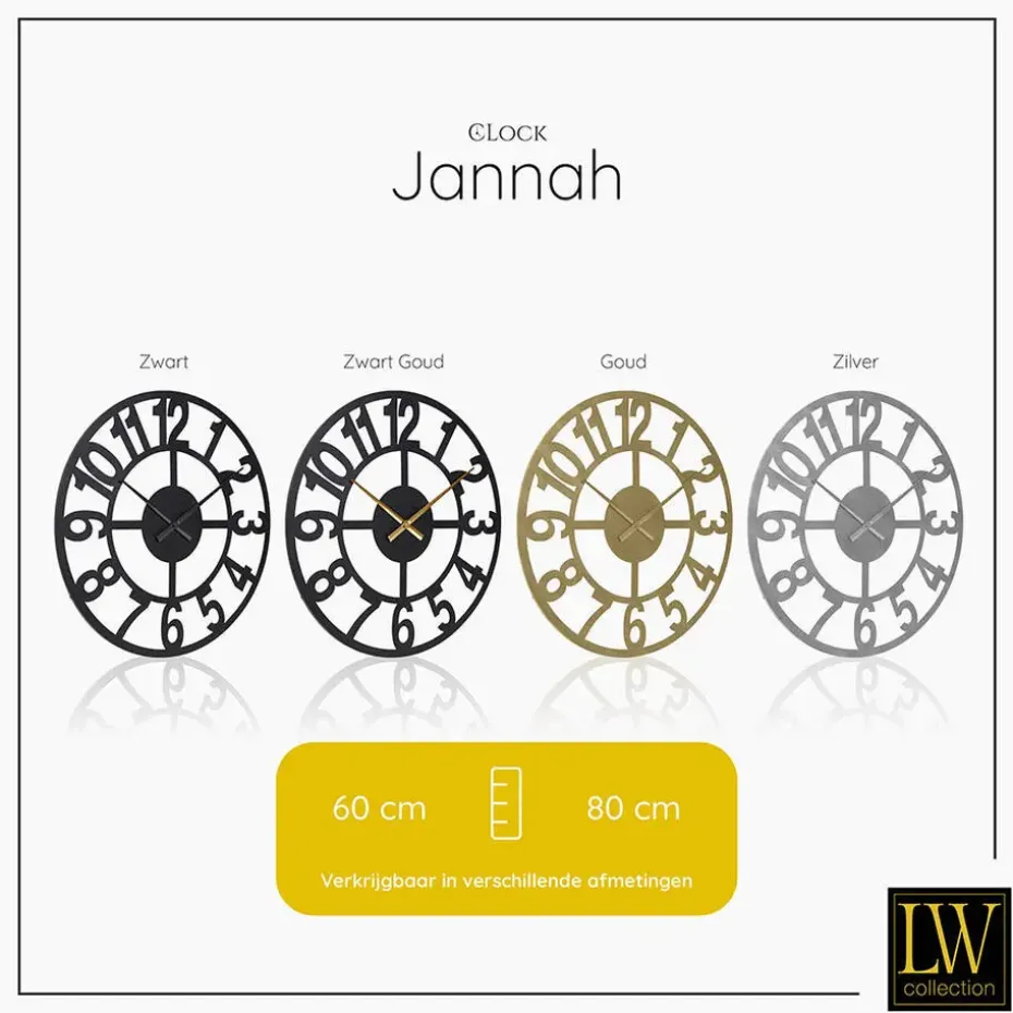 LW Collection Wandklok XL Jannah zwart met gouden wijzers 80cm